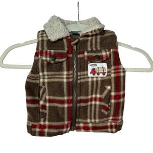 Kids Play 12M Plaid‎ Fleece Vest Brown Red Logging Truck Patch Lumberjack